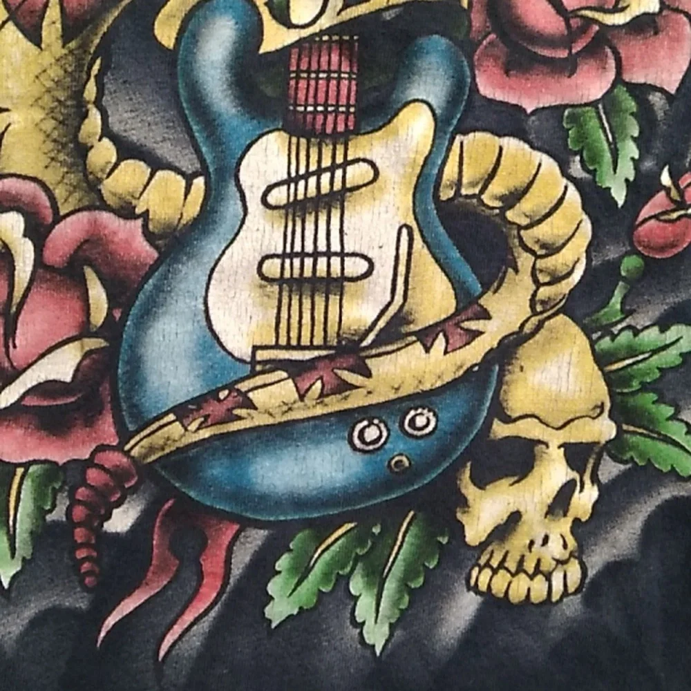 (BX80) SALE! RARE! Vintage 70's 707 Rock On Youth Medium Guitar Skull Rose Tee